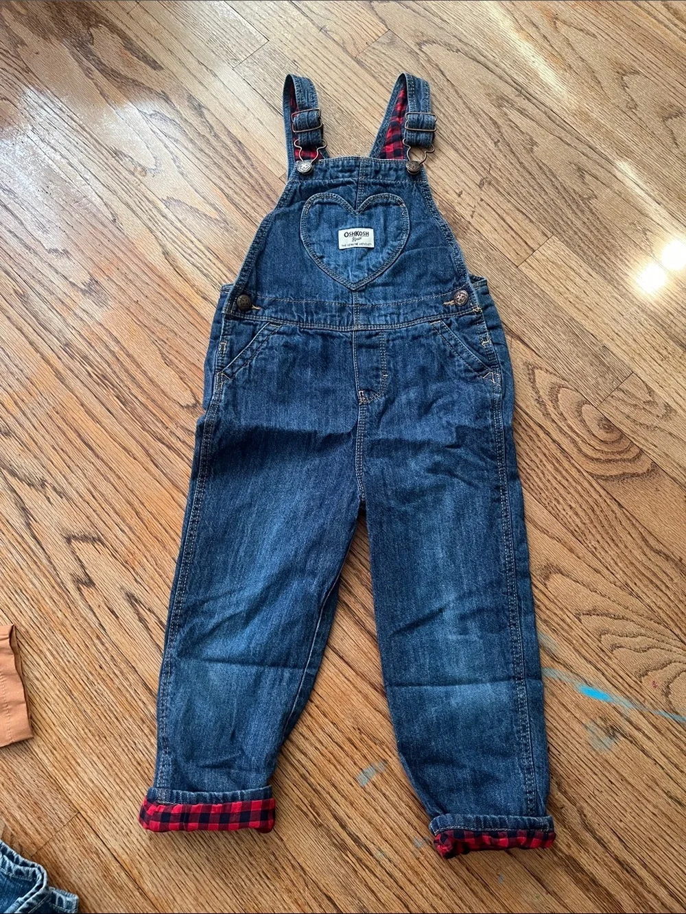 OshKosh B'gosh Dark Blue Denim Overalls with Red Plaid Trim